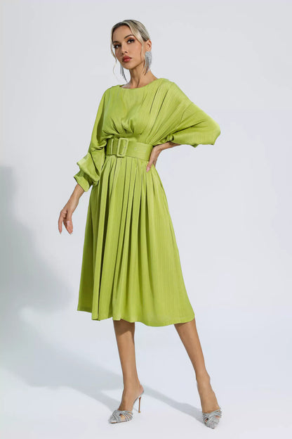 Flora Light Green Satin Midi Dress