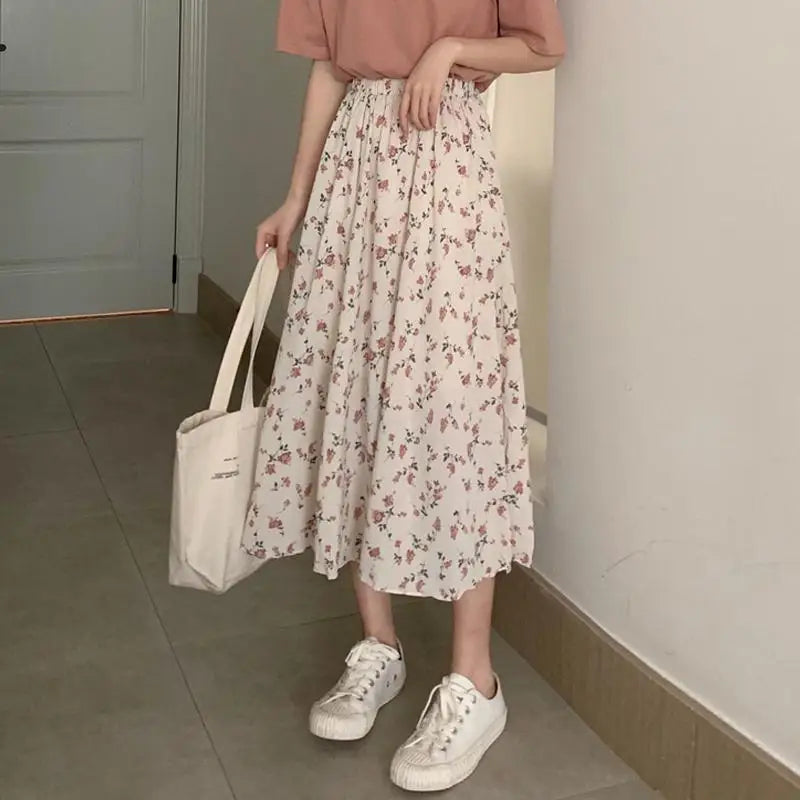 Floral A-Line Long Skirt 2024 Summer Sweet Style Women