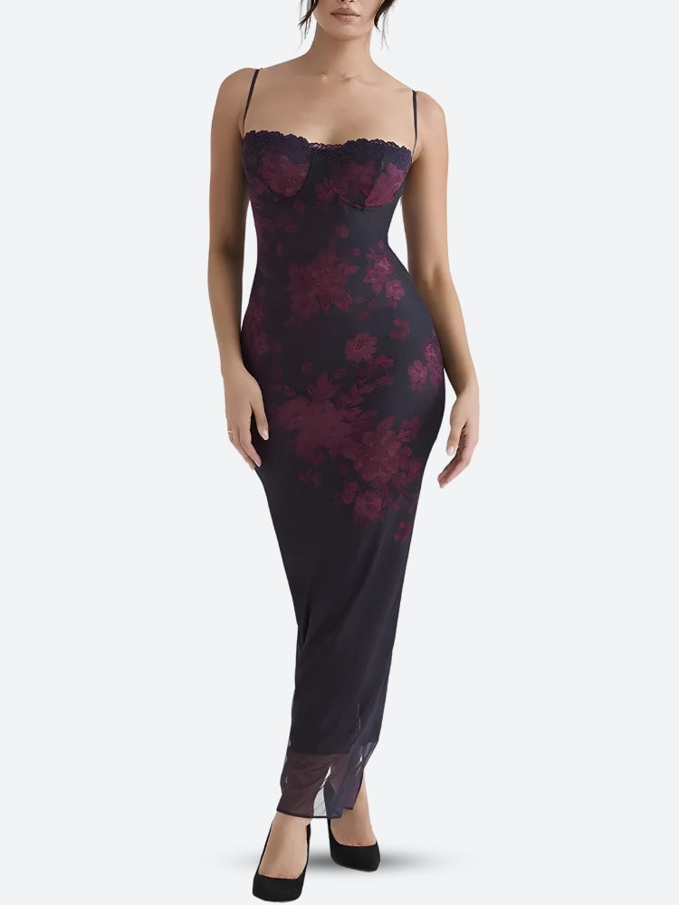 Floral Print Lace Trim Sweetheart Spaghetti Strap Mesh Hem Maxi Dress