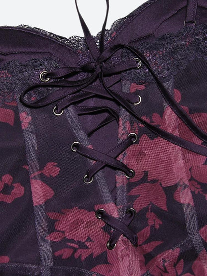 Floral Print Lace Trim Sweetheart Spaghetti Strap Mesh Hem Maxi Dress