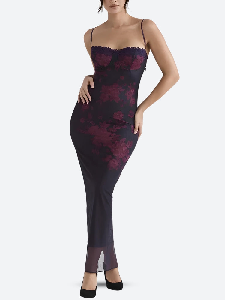 Floral Print Lace Trim Sweetheart Spaghetti Strap Mesh Hem Maxi Dress