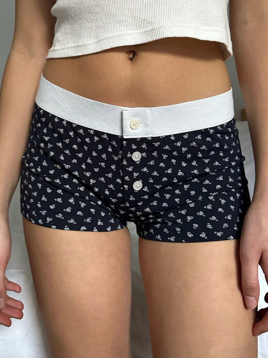 Floral Button Elastic Waist Short