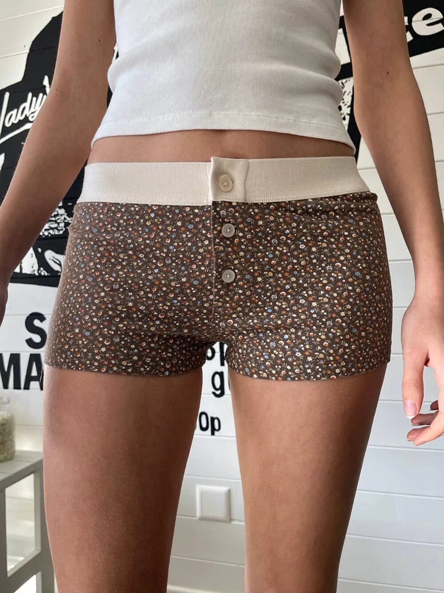 Floral Button Elastic Waist Short