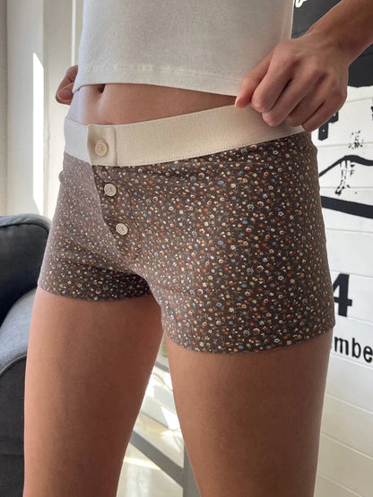 Floral Button Elastic Waist Short