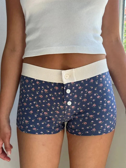 Floral Button Elastic Waist Short