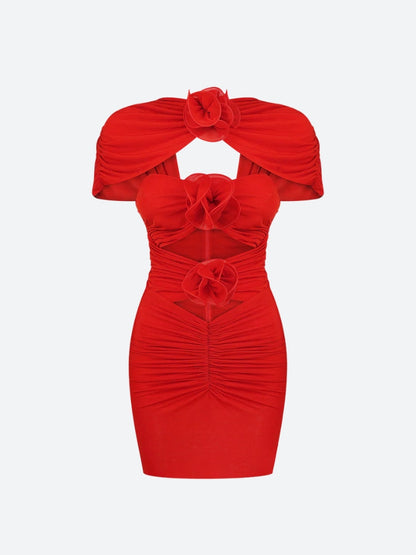 Ruched Draped High Neck Rosette Cutout Cap Sleeve Mini Dress