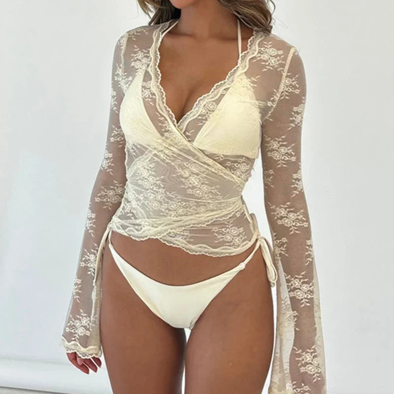 Deep V Wrap Lace Crop Top