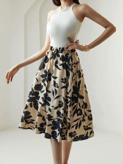 Floral Print Elastic Waist Below Knee A-Line Skirt