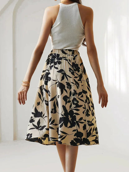 Floral Print Elastic Waist Below Knee A-Line Skirt