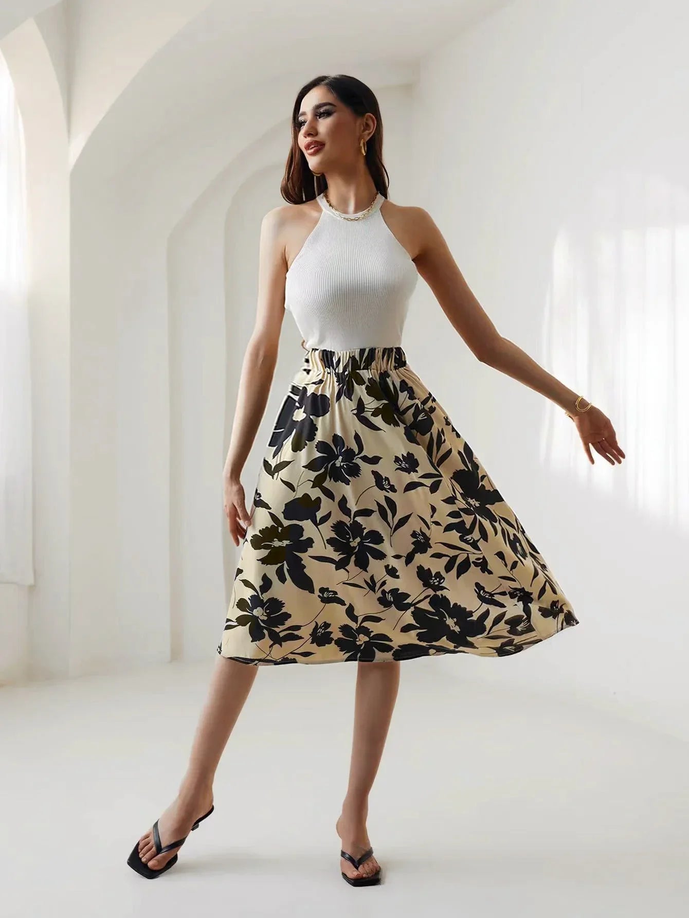 Floral Print Elastic Waist Below Knee A-Line Skirt
