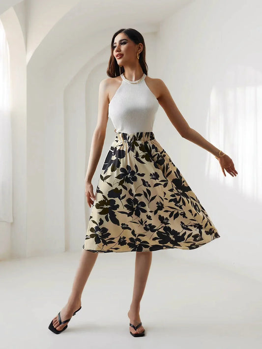 Floral Print Elastic Waist Below Knee A-Line Skirt