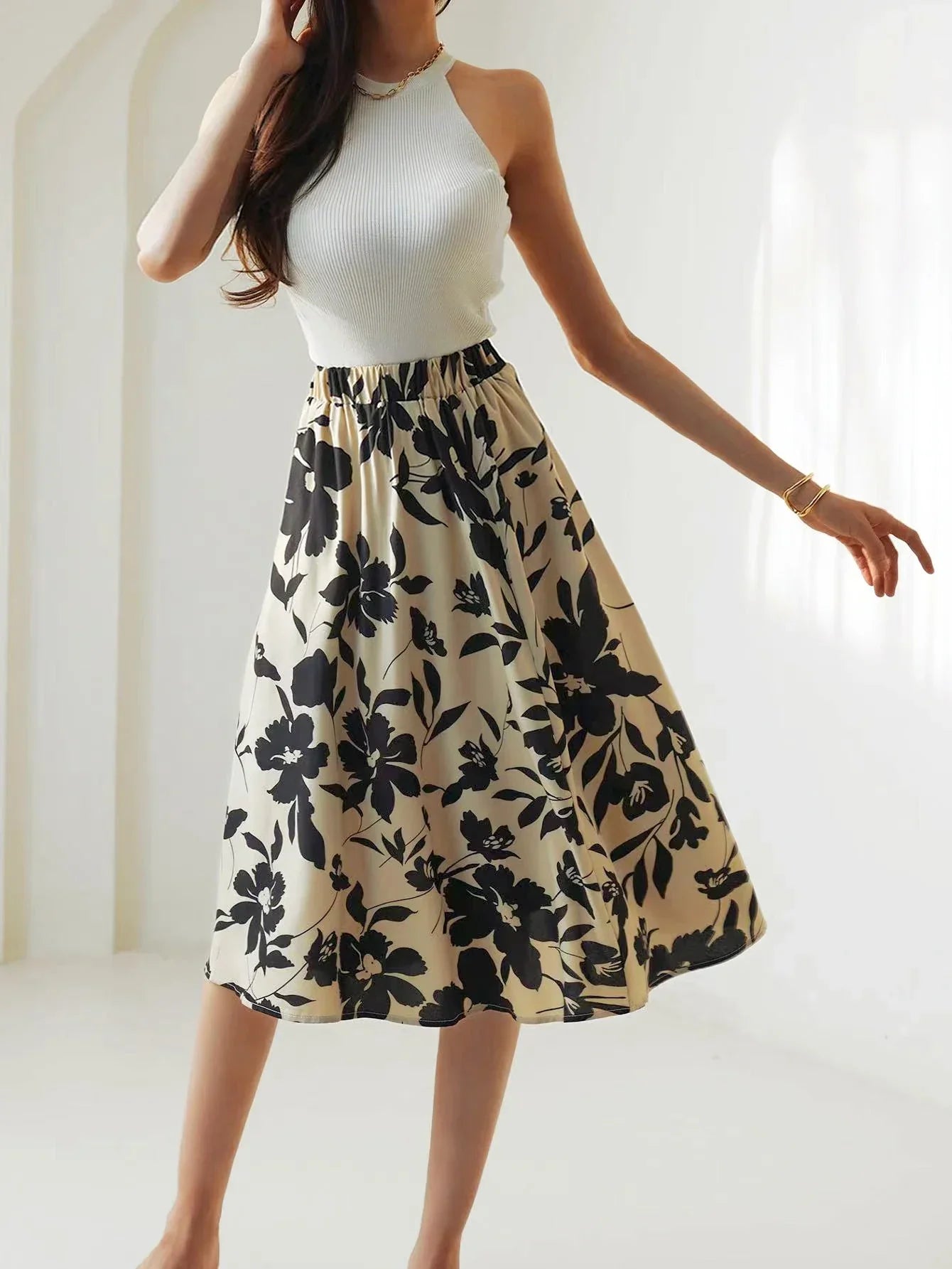 Floral Print Elastic Waist Below Knee A-Line Skirt
