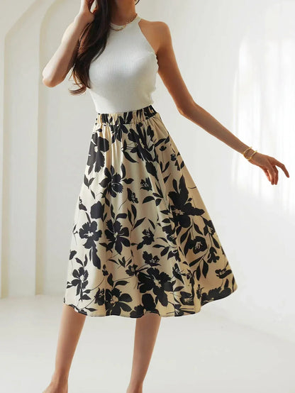 Floral Print Elastic Waist Below Knee A-Line Skirt