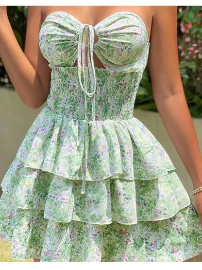 Floral Halter Neck Lace-Up Mini Floral Dress