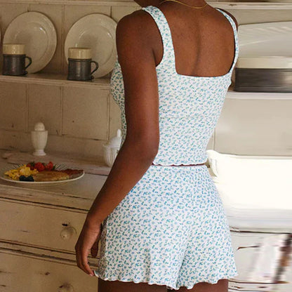 Floral Print Bow Trim Sleeveless Crop Tops Shorts Two Pieces Set