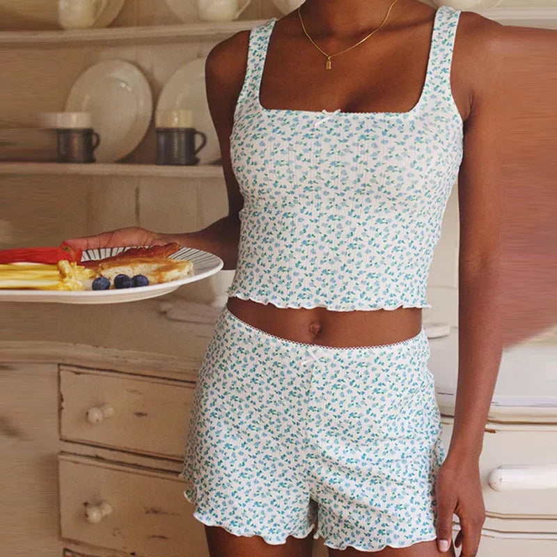 Floral Print Bow Trim Sleeveless Crop Tops Shorts Two Pieces Set