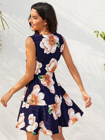 Floral Print Surplice V Neck Drawstring Waist Ruffle Hem Sleeveless Mini Dress