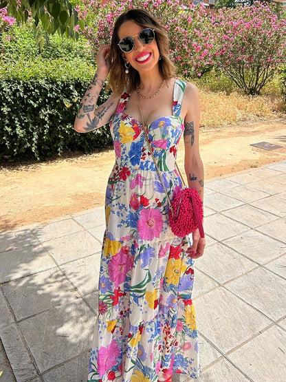 Floral Print A-line Backless Maxi Floral Dress
