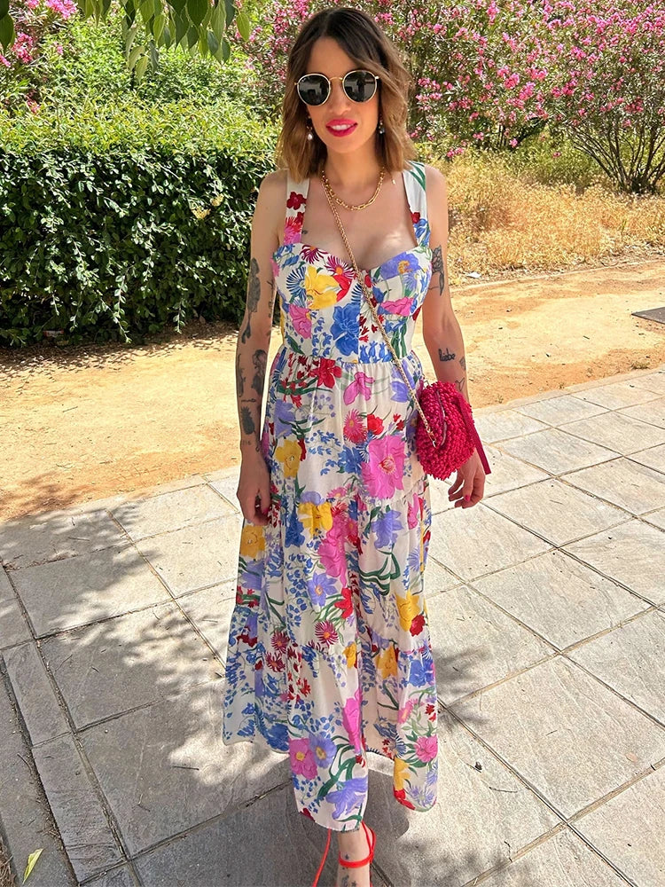Floral Print A-line Backless Maxi Floral Dress