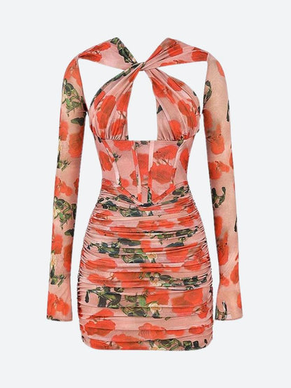 Floral Print Crossover Halter Keyhole Cutout Corset Bodice Cold Shoulder Ruched Mesh Mini Dress