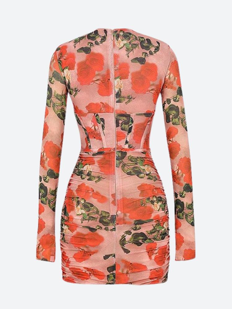 Floral Print Crossover Halter Keyhole Cutout Corset Bodice Cold Shoulder Ruched Mesh Mini Dress