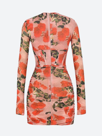 Floral Print Crossover Halter Keyhole Cutout Corset Bodice Cold Shoulder Ruched Mesh Mini Dress