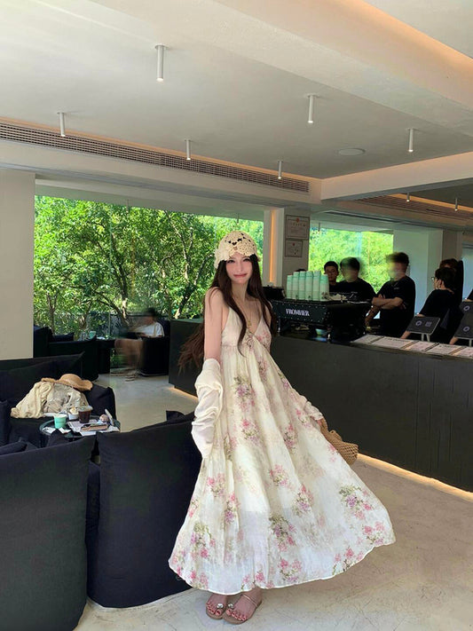 Floral Backless Loose-Fit Sundress Soft A-Line Maxi