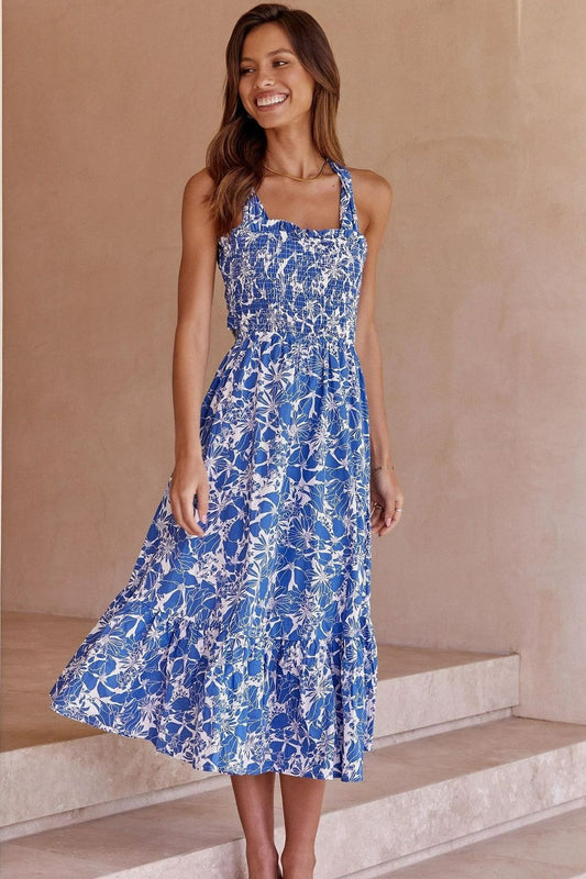 Floral Cami Lace Up Ruffle Mid Dress Blue