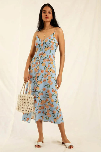 Fruit Print Cami V-Neck Buttoned Midi Dress