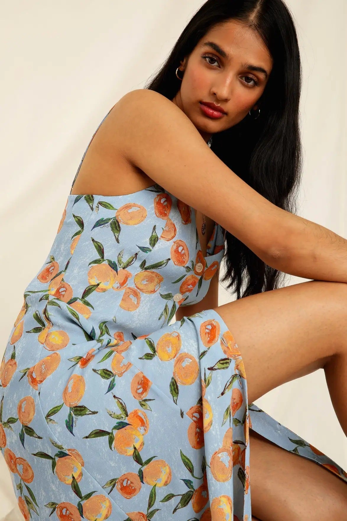 Fruit Print Cami V-Neck Buttoned Midi Dress