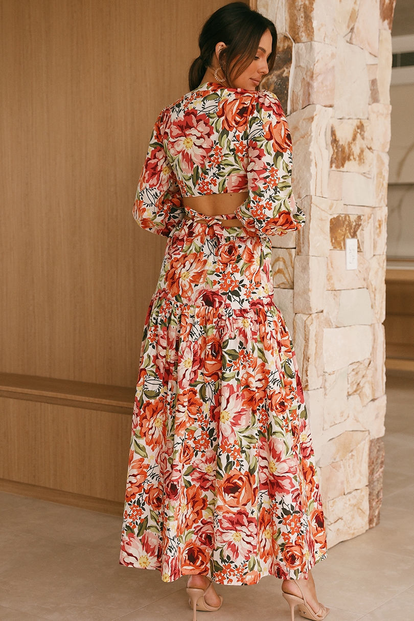 Floral Cut-Out Ruched Top & Slit Maxi Skirt Set