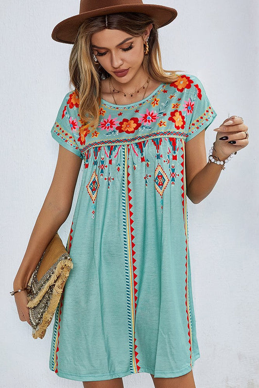 Floral Embroidered Mini Dress Green