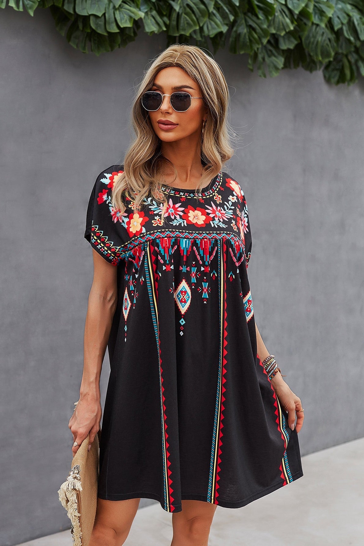 Floral Embroidered Short Sleeve Mini Dress