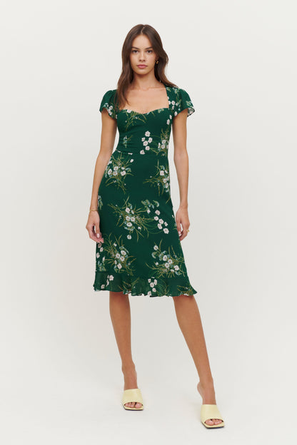 Floral Short Sleeve Square Collar Backless Midi Dress