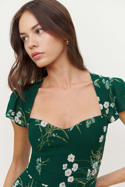 Floral Short Sleeve Square Collar Backless Midi Dress