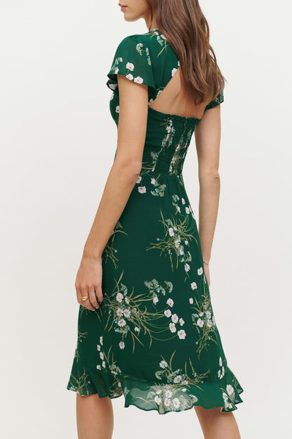 Floral Short Sleeve Square Collar Backless Midi Dress