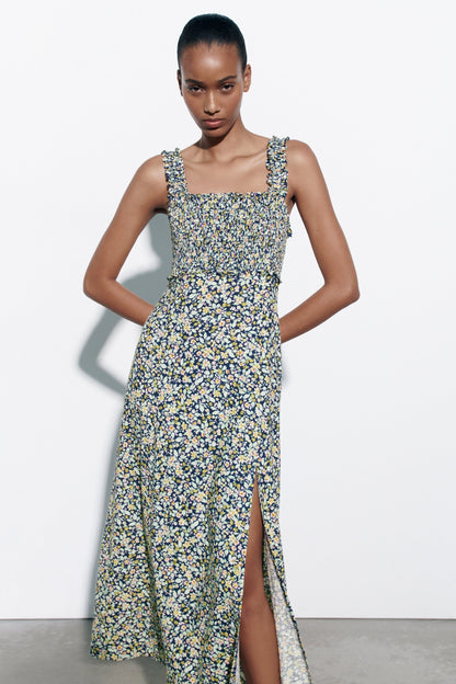 Floral Cami Smocked Elastic Slit Midi Dress