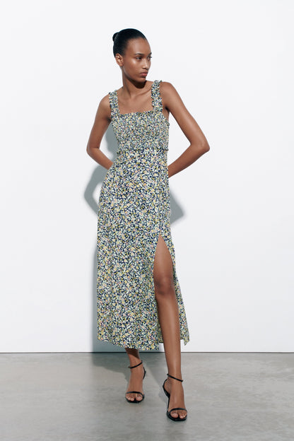 Floral Cami Smocked Elastic Slit Midi Dress