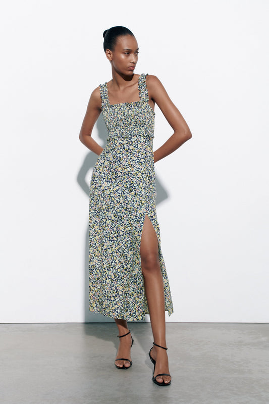 Floral Cami Smocked Elastic Slit Midi Dress