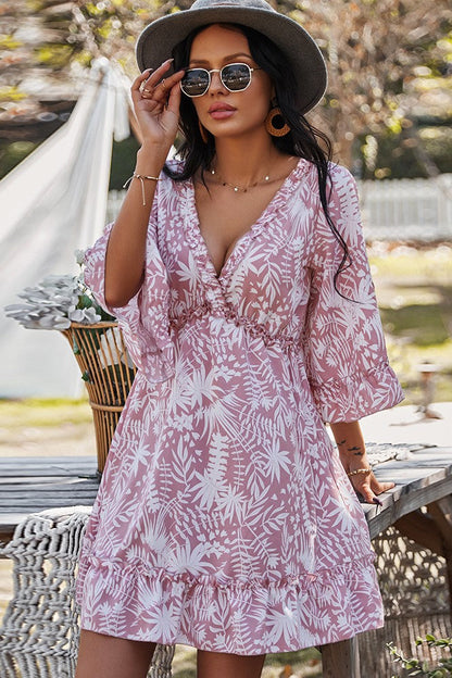 Floral V-Neck Mid Sleeve Backless Lace Up Ruffle Hem Mini Dress