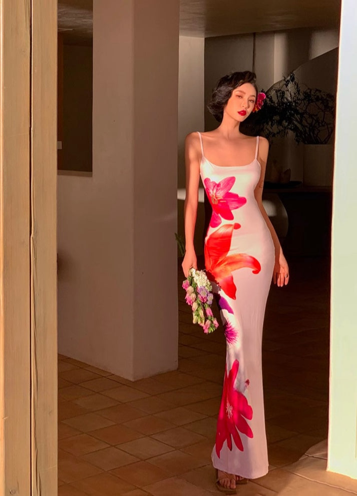 Floral Spaghetti Strap Slim-Fit High-Slit Vacation Maxi Dress