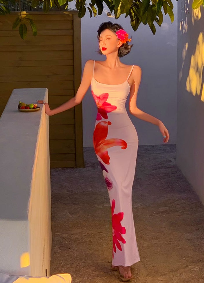 Floral Spaghetti Strap Slim-Fit High-Slit Vacation Maxi Dress