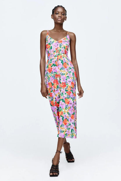 Floral Buttoned Cami Slit Midi Dress