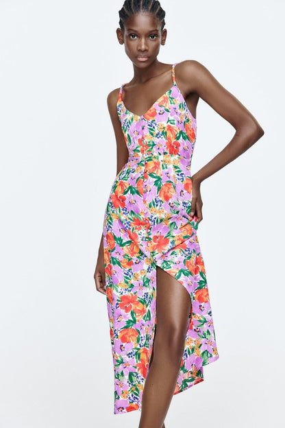 Floral Buttoned Cami Slit Midi Dress