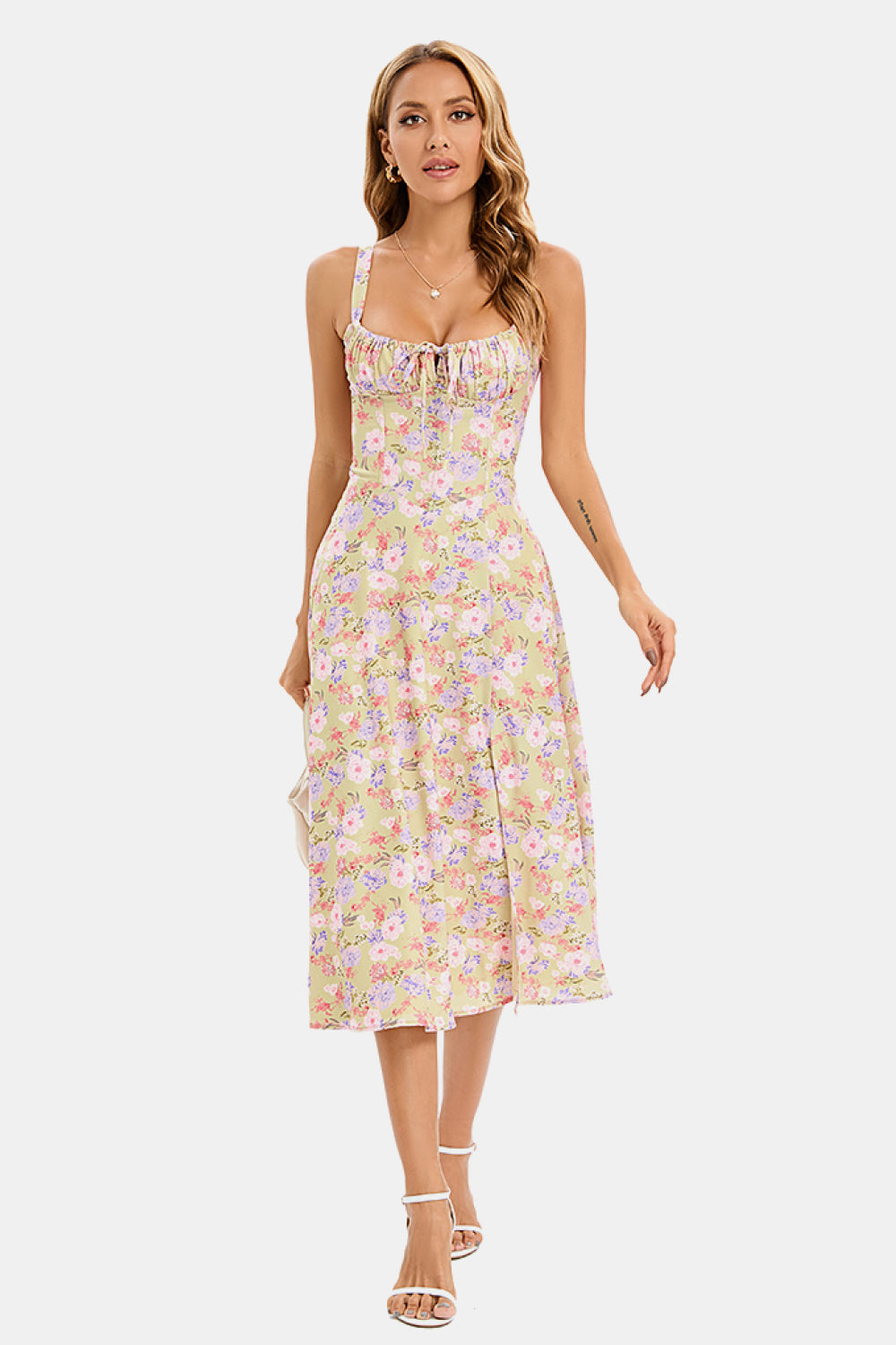 Floral Corset Lace Up Slit Midi Dress