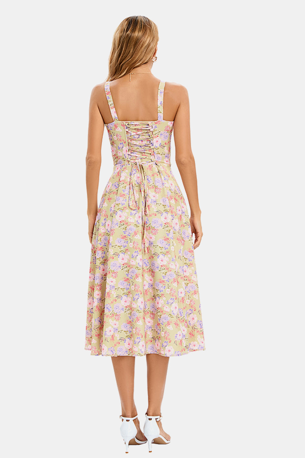 Floral Corset Lace Up Slit Midi Dress