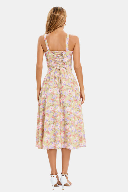 Floral Corset Lace Up Slit Midi Dress