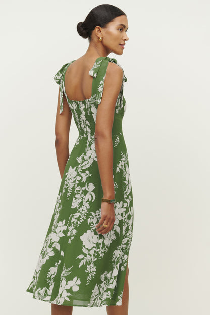 Floral Lace Up Cami Slit Midi Dress