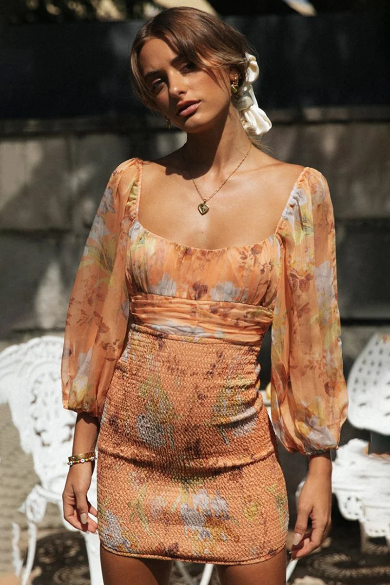 Floral Lantern Sleeve Backless Lace Up Mini Dress