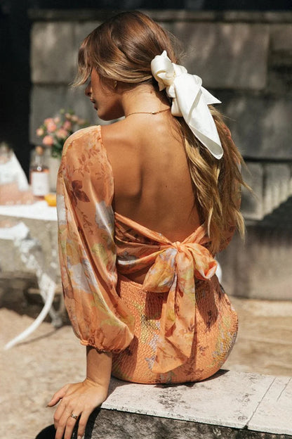 Floral Lantern Sleeve Backless Lace Up Mini Dress